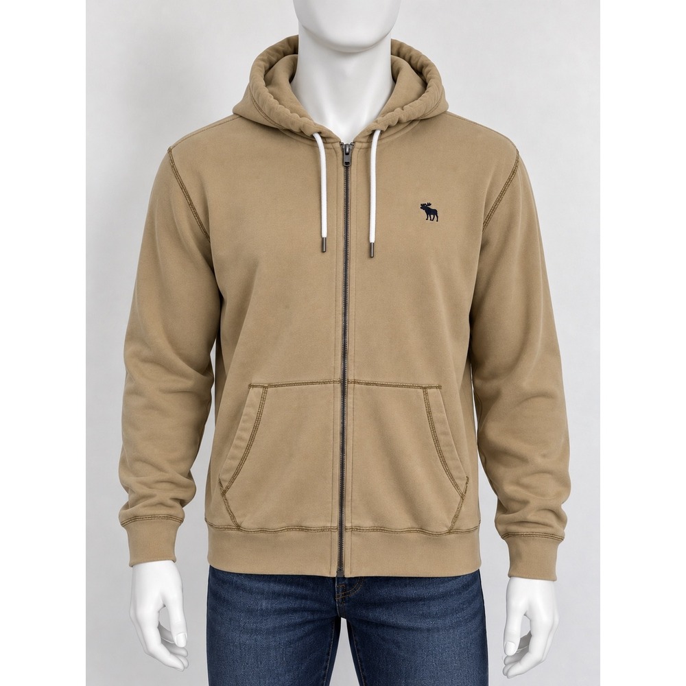 Abercrombie & Fitch Mens XL Full Zip Hoodie Tan Khaki Soft A&F Fleece Moose Logo